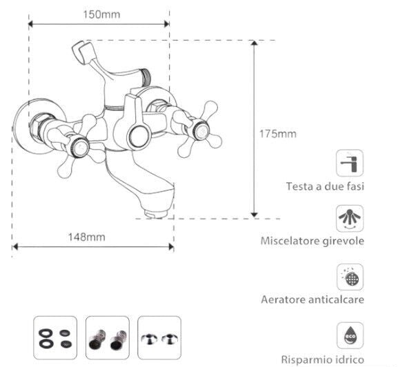 RUBINETTO MISCELATORE PER VASCA DA BAGNO CROMATO ATTACCO DOCCIA  - 52349A