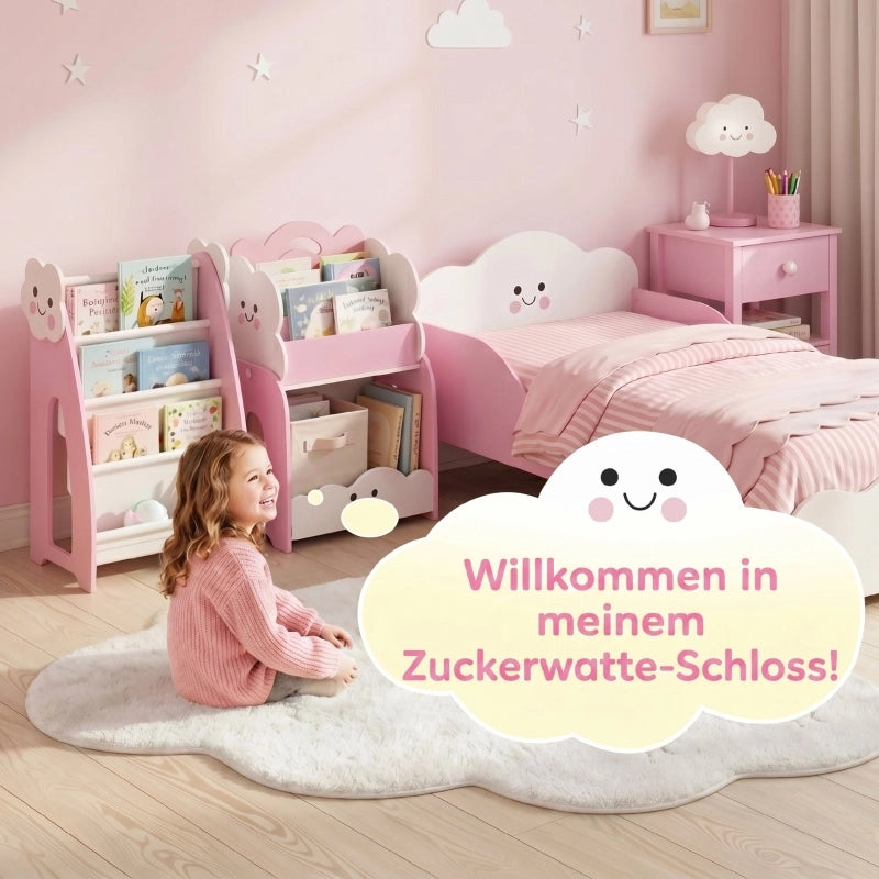 Scaffale per bambini 3-in-1 modulare rosa con 4 tasche e 3 ripiani, libreria e comodino