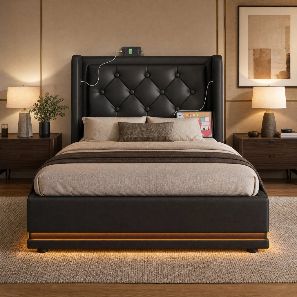 Letto singolo contenitore 90 × 200 cm in PU nero con LED; USB e Type-C