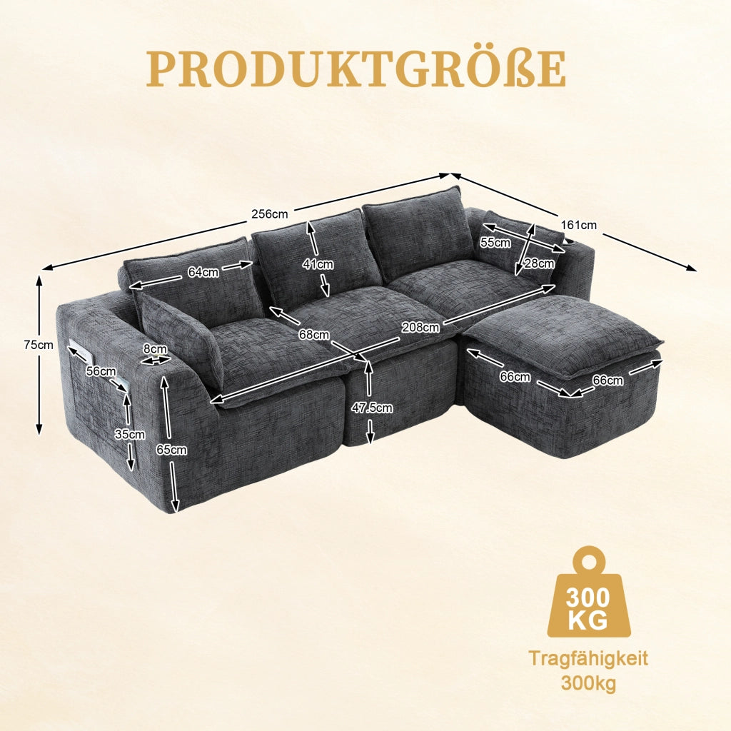 Divano modulare in ciniglia grigio scuro con tasche laterali cuscini e pouf 256 × 161 × 75 cm