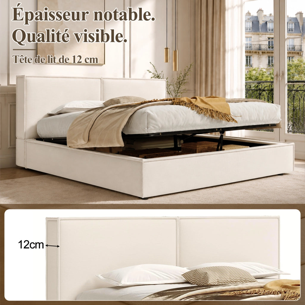 Letto matrimoniale contenitore 180 x 200 cm in lino beige, imbottito idraulico con rete a doghe, contenitore di contenitore spazioso
