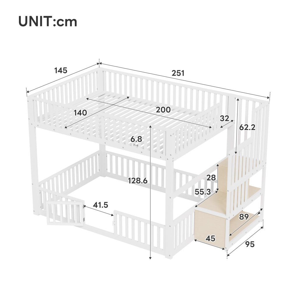 Letto a castello 140 × 200 cm a due livelli con scala contenitore e LED in metallo e MDF bianco