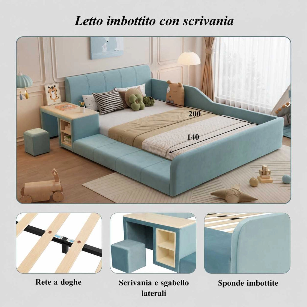 Letto imbottito 140x200 cm in velluto blu; con scrivania laterale; sgabello e ripiani