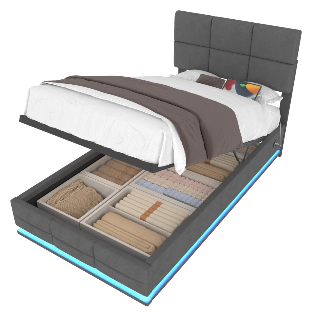 Letto singolo 90x200 cm con contenitore; testiera regolabile; LED e USB; velluto grigio scuro