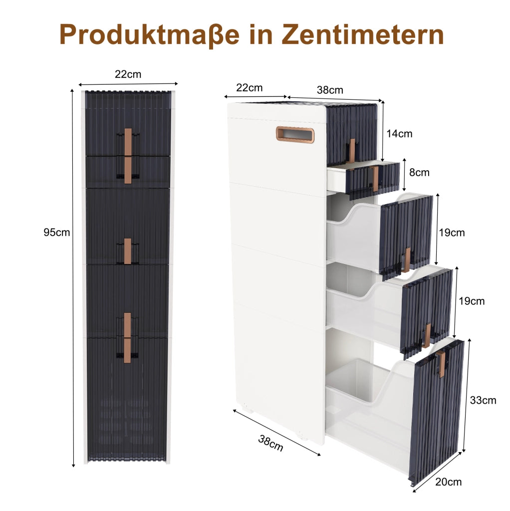Mobile contenitore stretto in PP bianco con 4 cassetti; 2 coperchi e ruote