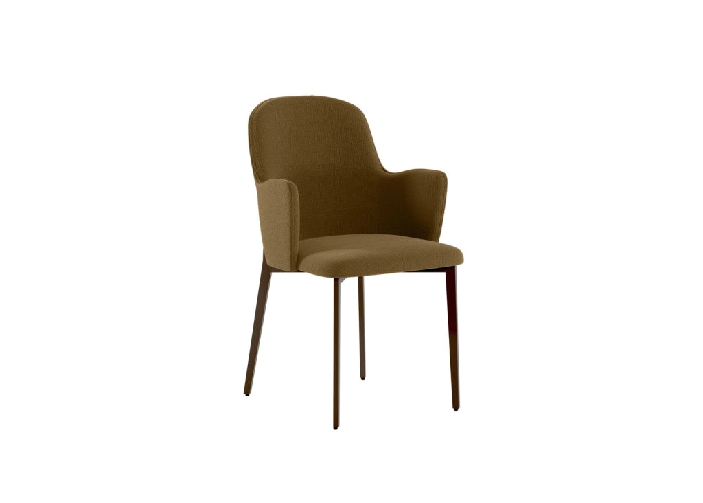 Poltroncina Sophia in tessuto easy-clean marrone con struttura in metallo verniciato bronzo - Design moderno ed elegante per interni