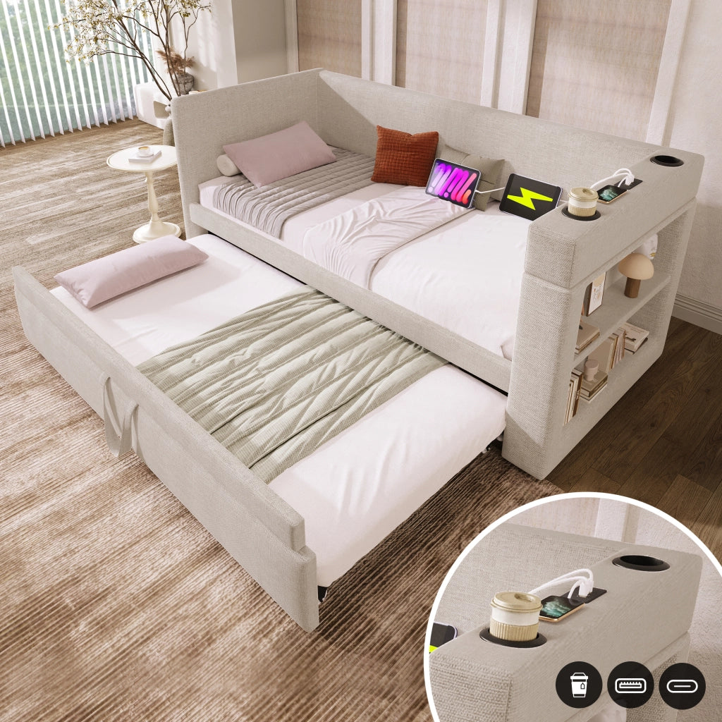 Divano letto 90x190 cm beige con letto estraibile