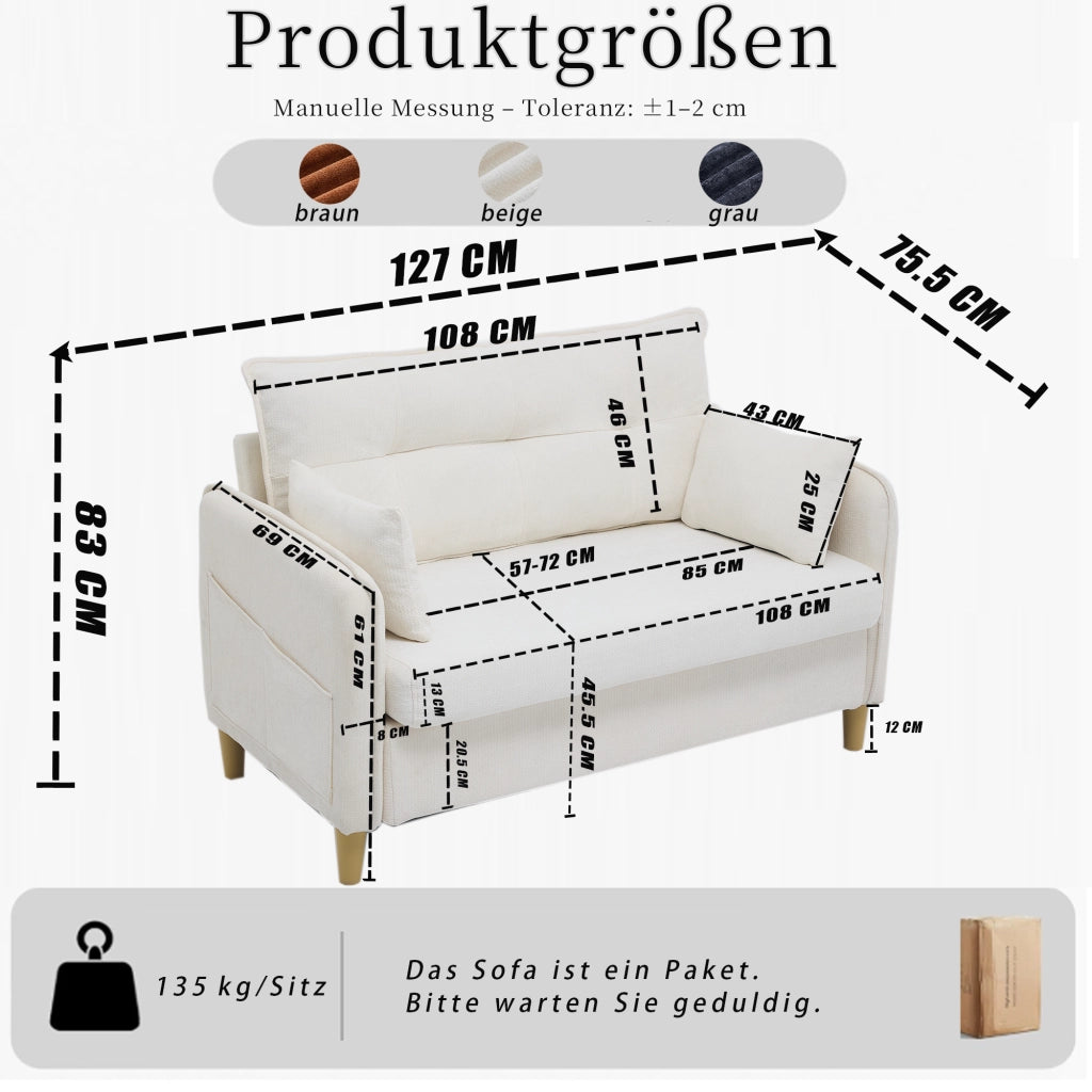 Divano 2 posti 127x75.5x83 cm con tasche laterali in tessuto chenille beige