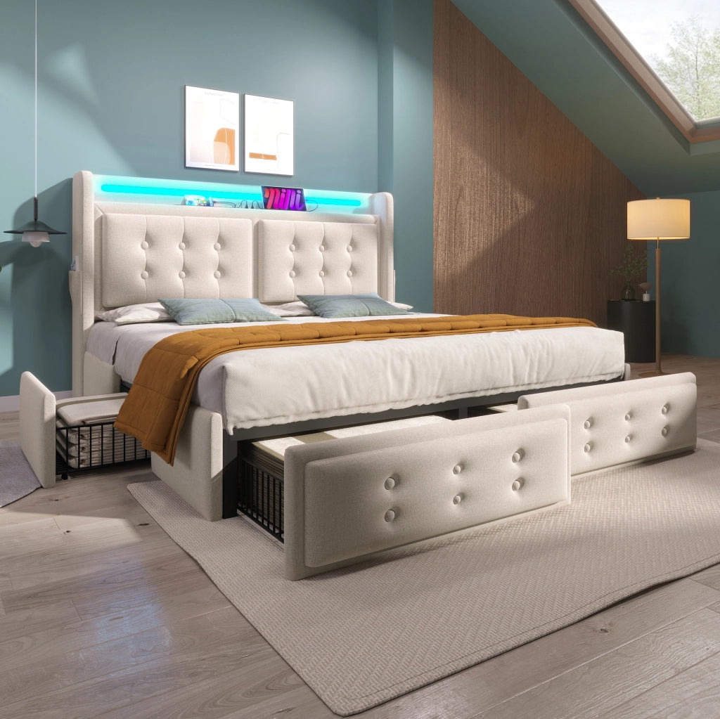 Letto 140x200 cm con LED, USB e USB-C, 4 cassetti e rete a doghe in beige