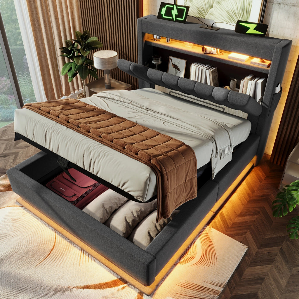 Letto singolo 90x200 cm grigio con contenitore e luci LED