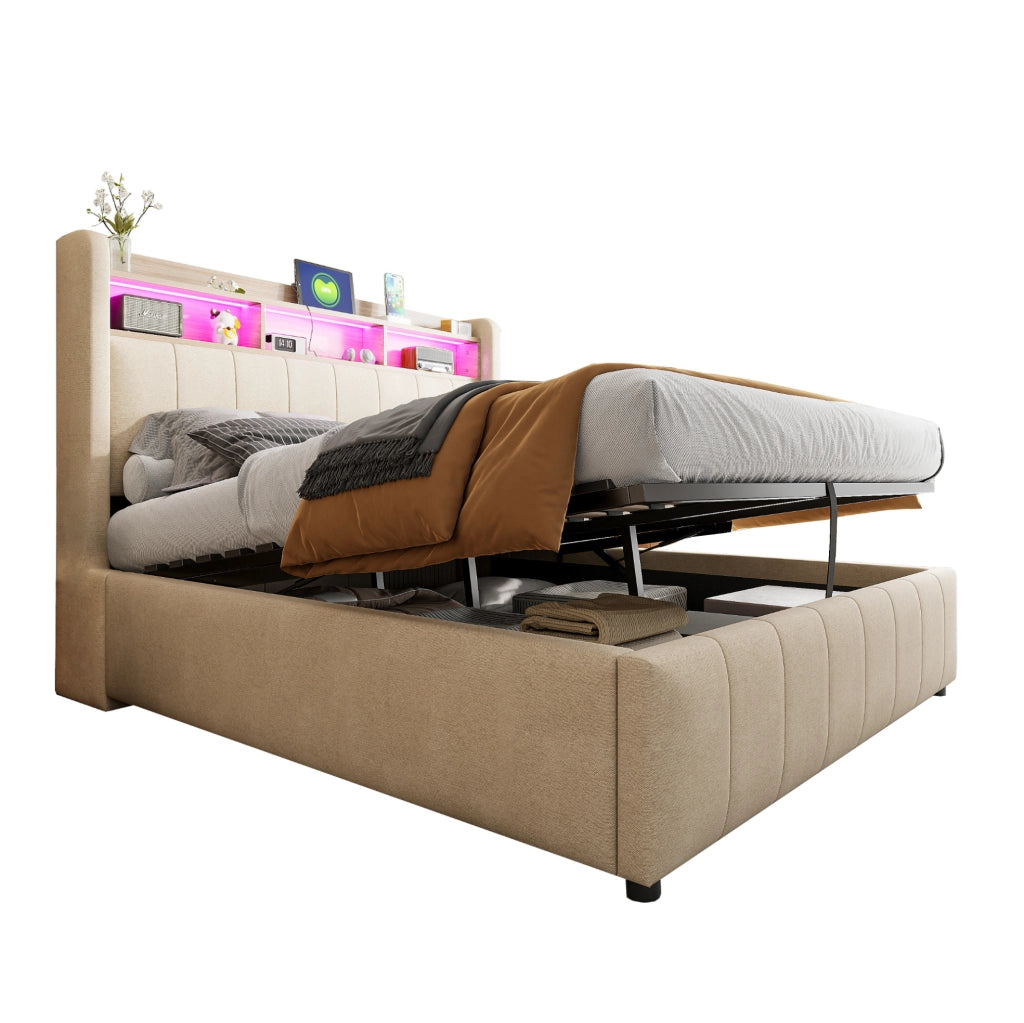 Letto matrimoniale imbottito 140x200 cm con LED, USB e contenitore idraulico, beige