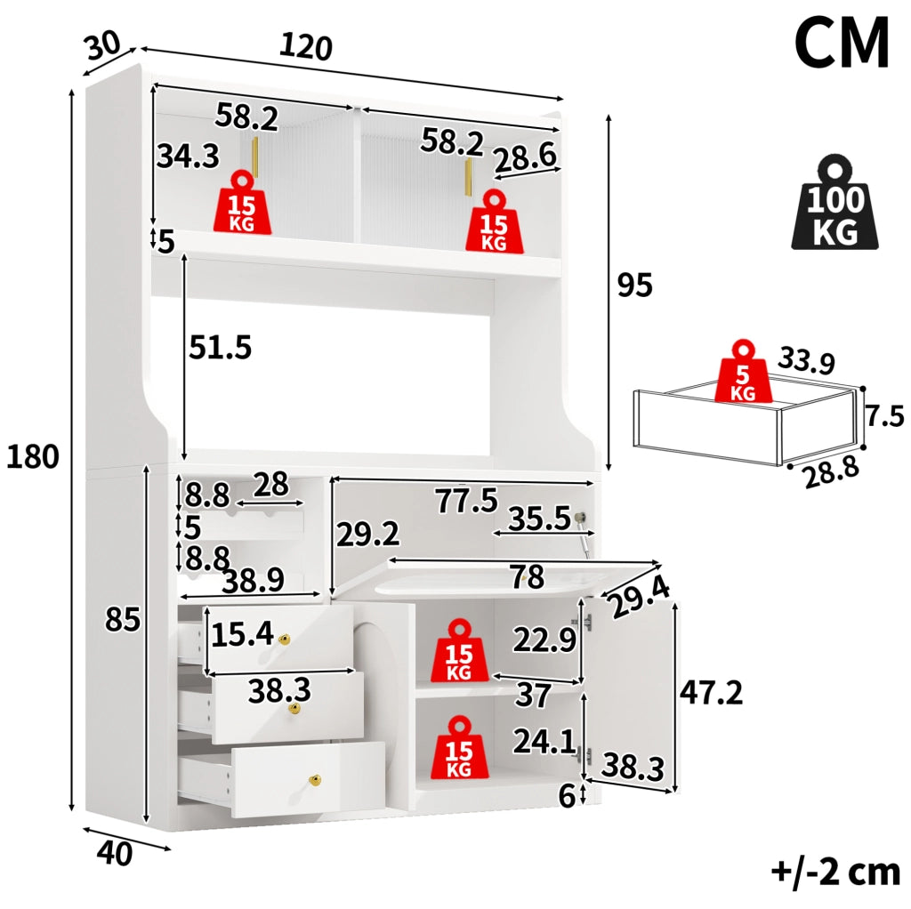 Mobile controllato armadio alto cucina 120 cm con LED RGB, porte scorrevoli in vetro, portabottiglie e ante a ribalta, 3 cassetti, bianco/nero