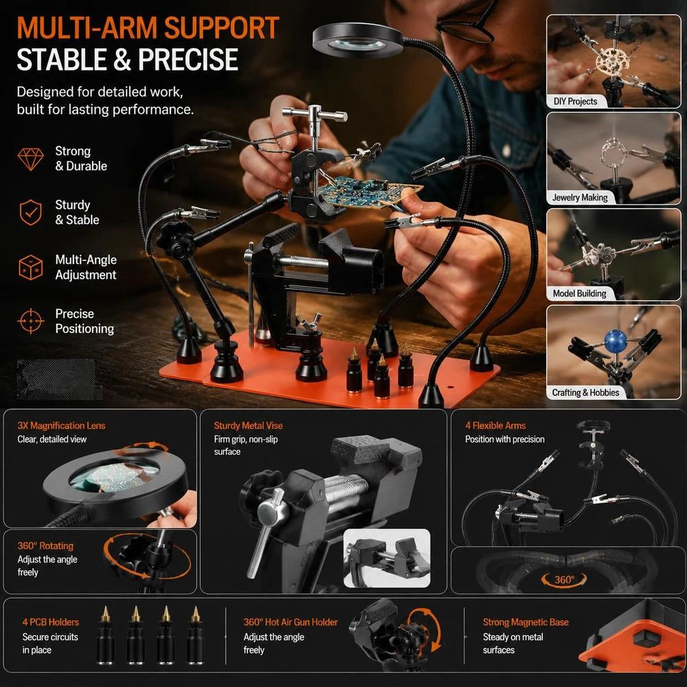 Soldering Aid Third Hand, Magnetic Soldering Station, 4-arm Hand Tool, With Vise, 3x LED Magnifying Lamp, 4 Circuit Board Holders And 360-degree Hot Air Gun Holder