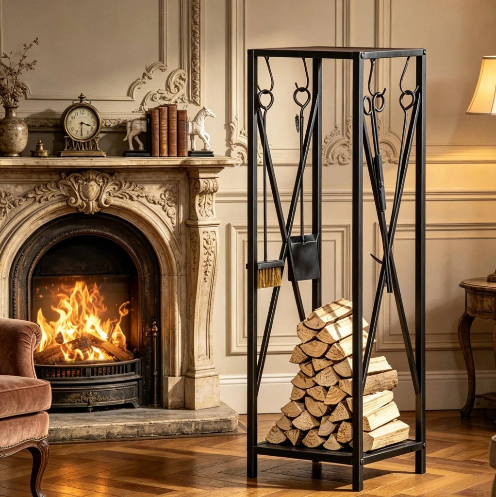 Portalegna in metallo nero 2 in 1 con accessori per camino