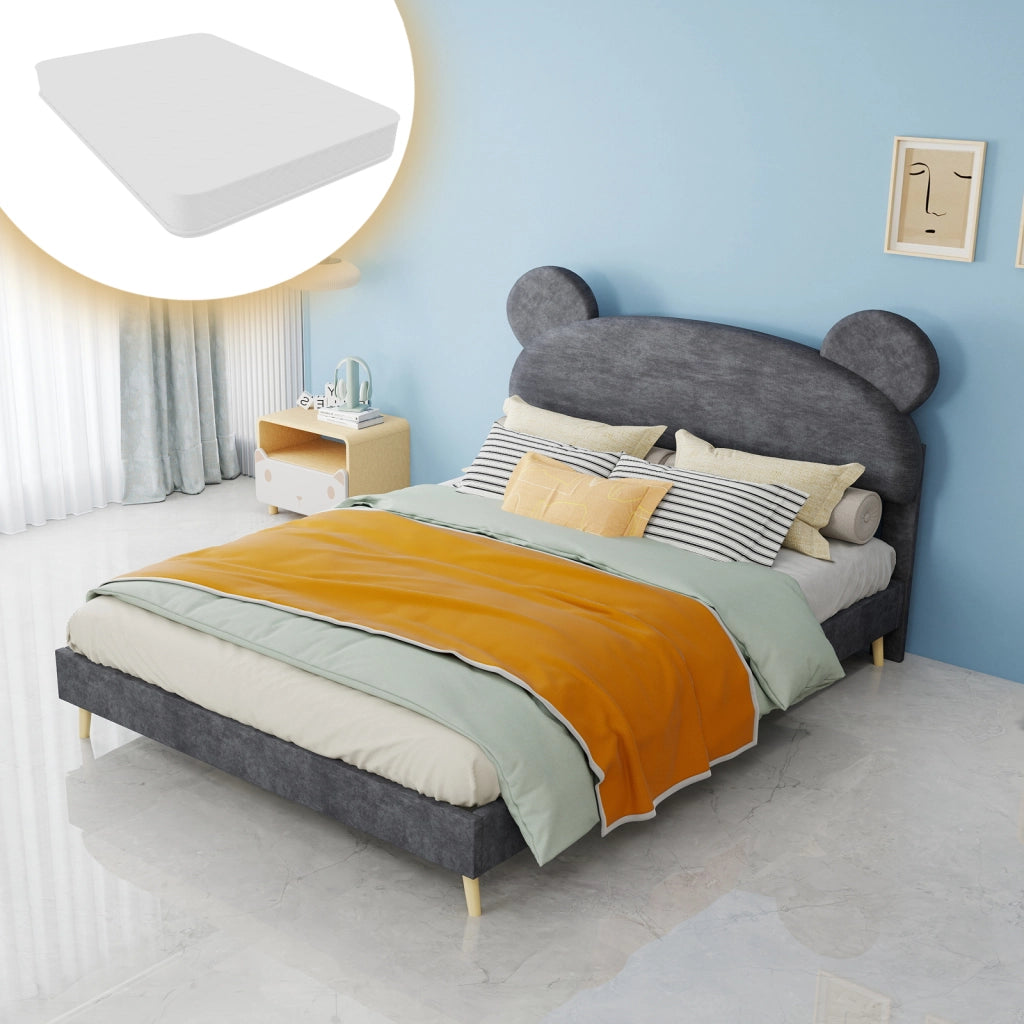 Letto per Bambini 140 x 200 cm con Testiera Imbottita in Tessuto e Metallo Grigio
