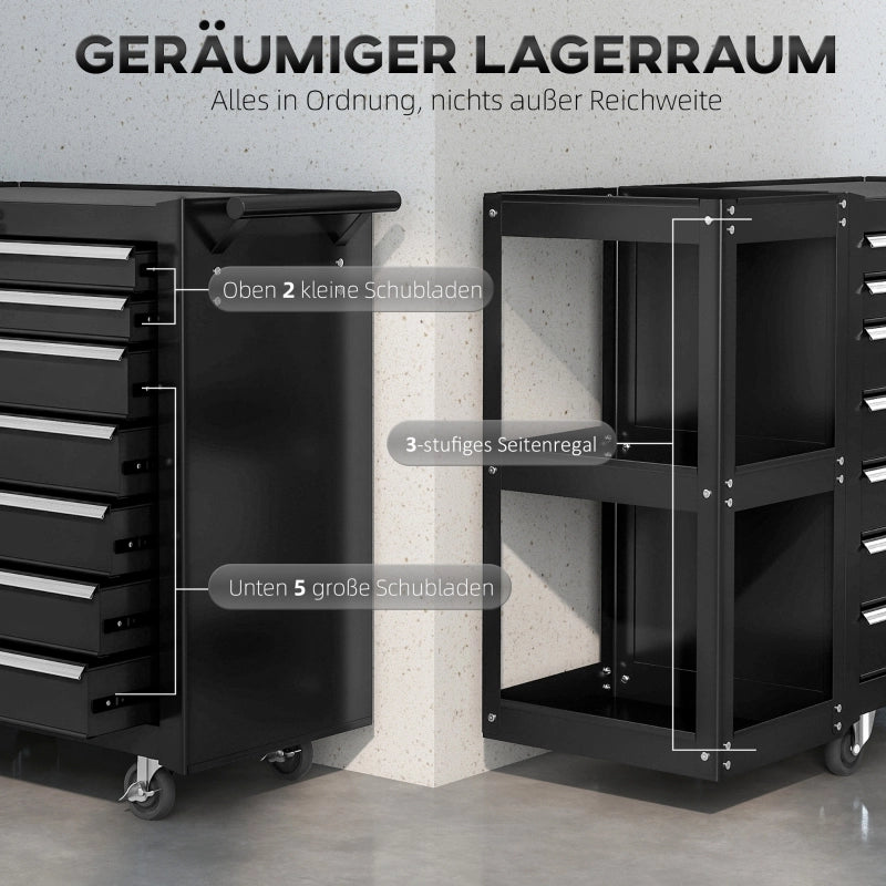 Carrello da officina/carrello portautensili con 7 cassetti, ripiano laterale removibile, 4 ruote con freno di bloccaggio, 96x33,5x75 cm, nero