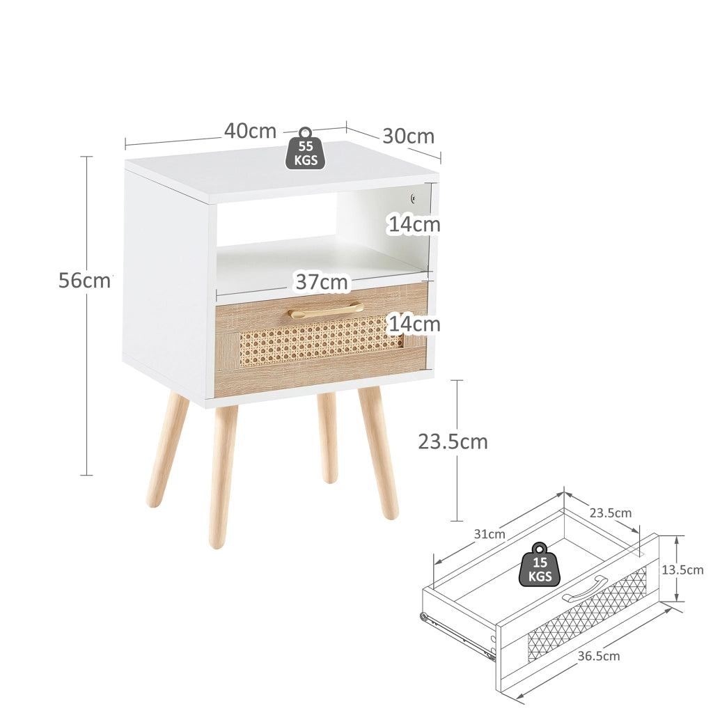 Comodino con rivestimento in rattan e gambe in legno bianco e naturale