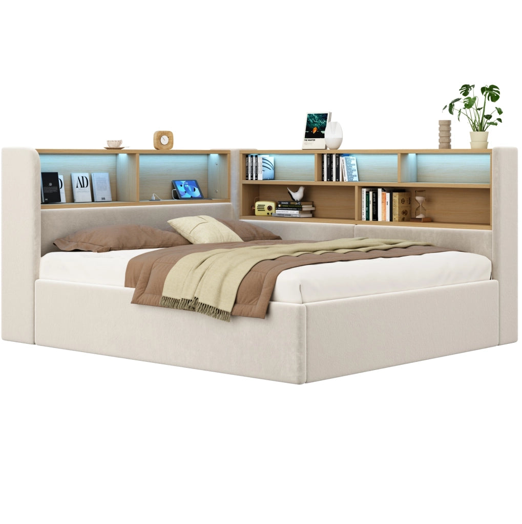 Letto imbottito con contenitore idraulico; LED; USB e Type-C; velluto beige
