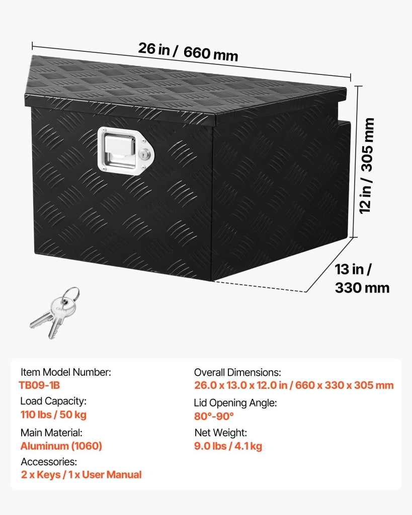 Cassone Portautensili per Timone Rimorchio in Alluminio Nero 660x330x305 mm con Serratura Capacita 50 kg Robusto