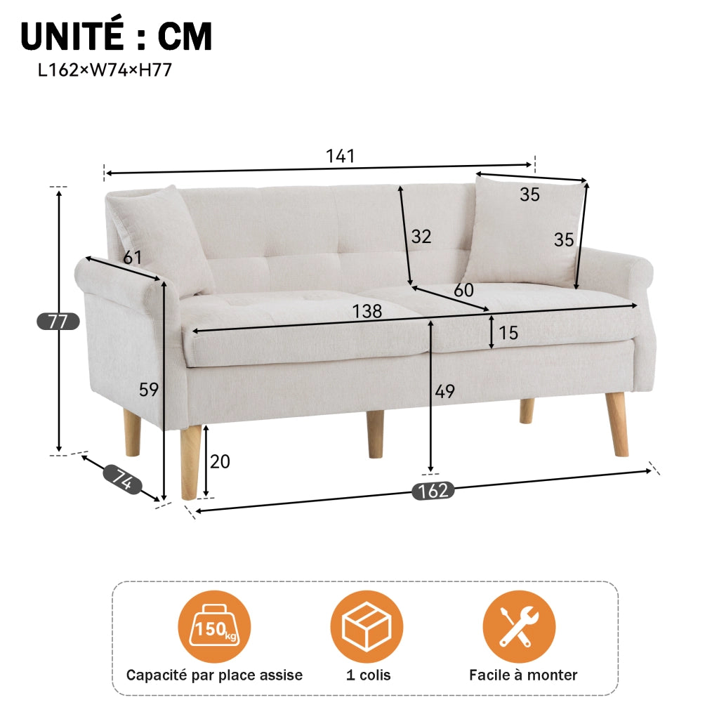 OKWISH Divano 2 Posti, Cuscini Inclusi, Seduta Imbottita da 15 cm e Braccioli Ergonomici, Ciniglia Beige