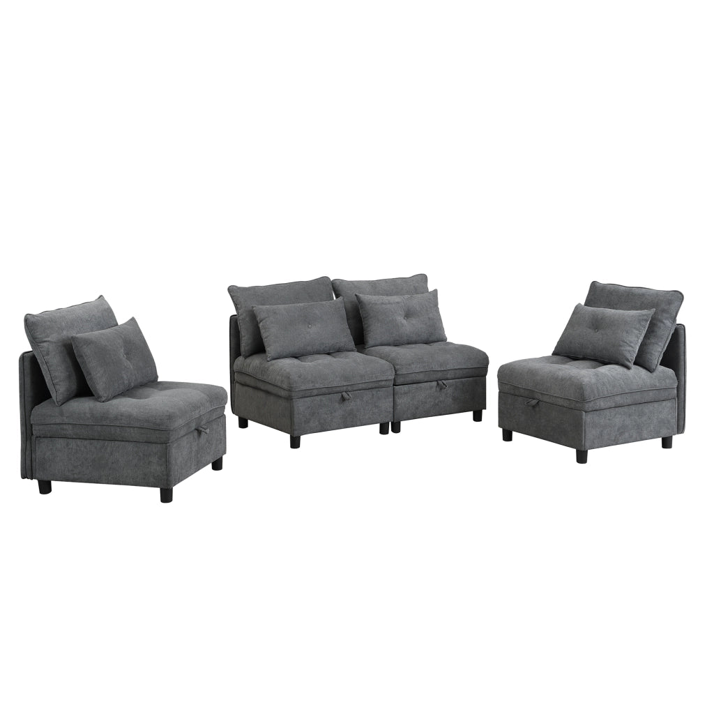 Divano modulare 4 posti con contenitore, funzione letto e rivestimento in chenille, Grigio Antico