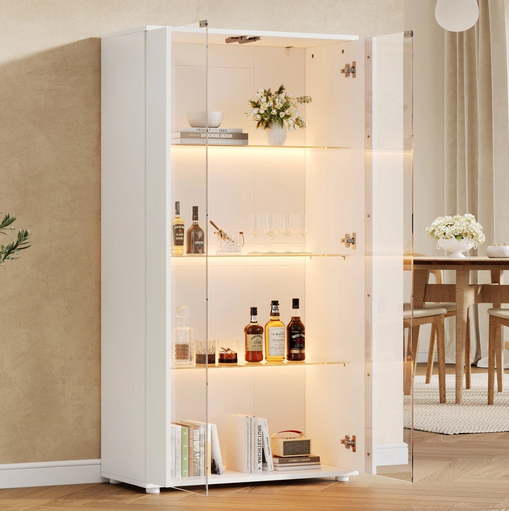 Vetrina con 2 ante in vetro; 4 ripiani e illuminazione LED regolabile; bianca; 80×36×150;5 cm