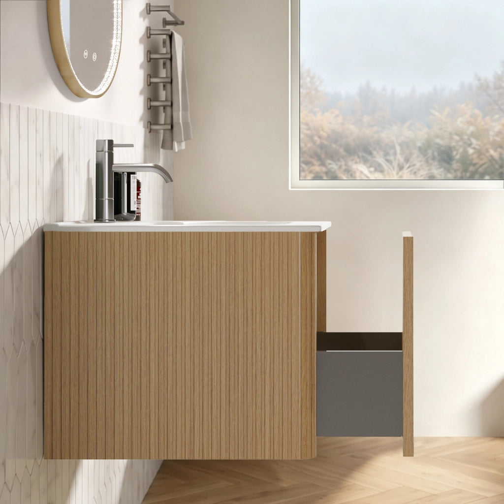 Set mobile bagno sospeso con lavabo integrato e specchio LED ovale