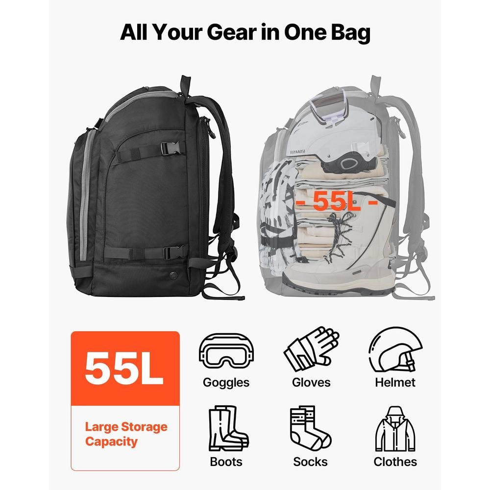Ski Bag, 55 L, Travel Backpack For Snowboard Boots, Ski Boot Bag Made Of Durable 1680D Oxford, Ski Bag For Skis, Snowboard, Helmet, Goggles, Gloves, Accessories (black)
