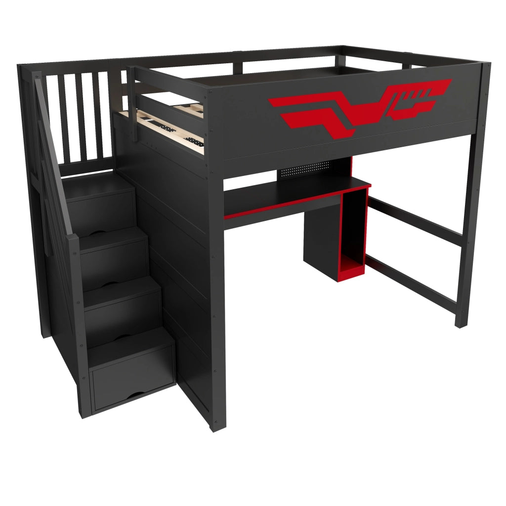 Letto a soppalco 140x200 con scrivania integrata; LED e USB; nero e rosso