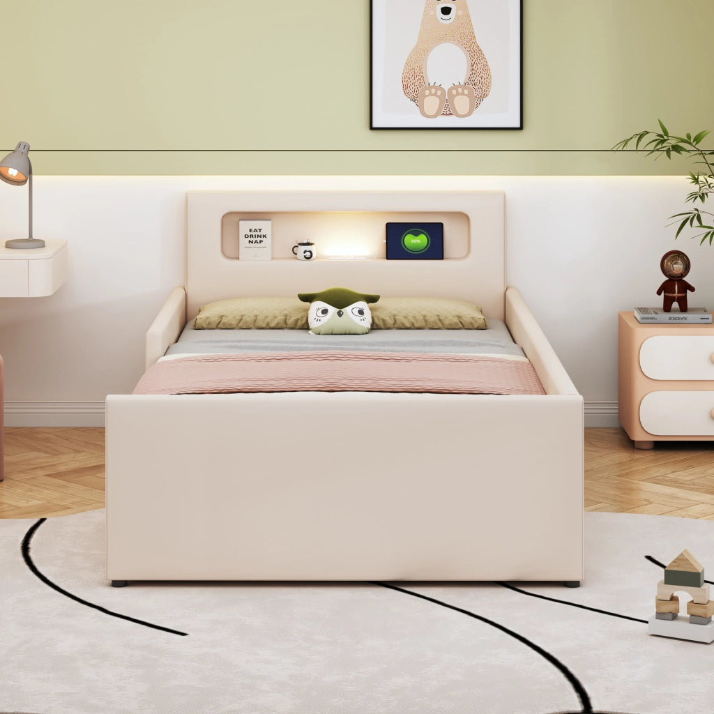 Letto Singolo Imbottito per Bambini con Luce LED e USB ¨C MINIMAL ¨C Similpelle Beige 90x200