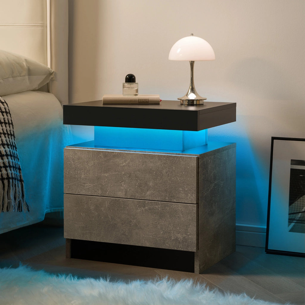Comodino ULEVR grigio con luci LED multicolore regolabili, 2 cassetti e vano aperto, mobiletto laterale per camera da letto