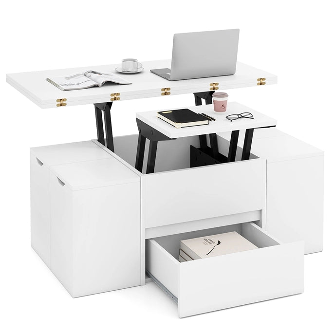 Tavolino caff¨¨ piano sollevabile 4 sgabelli contenitori 3-in-1 soggiorno, Tavolino scomparto nascosto cassetto rettangolare 4-8 persone Bianco
