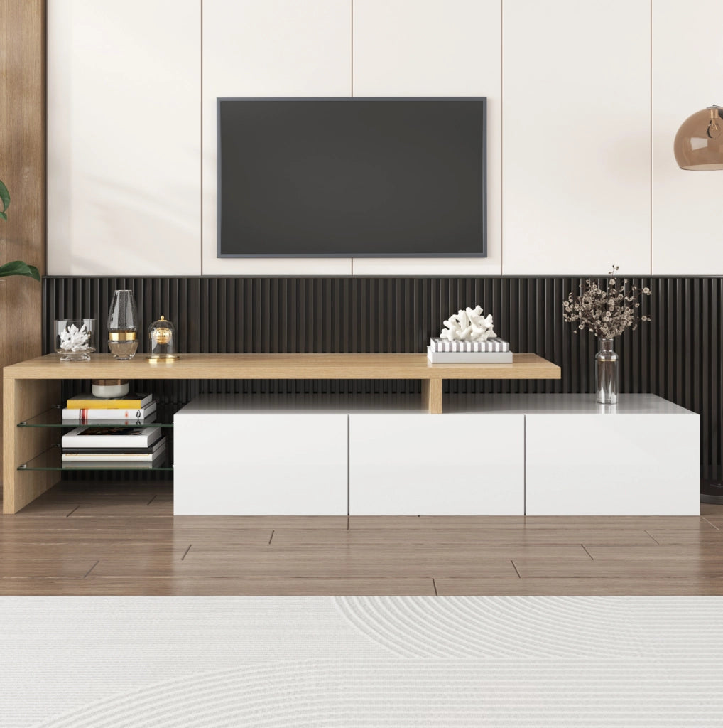 Mobile TV moderno con LED multicolore e ripiani in vetro