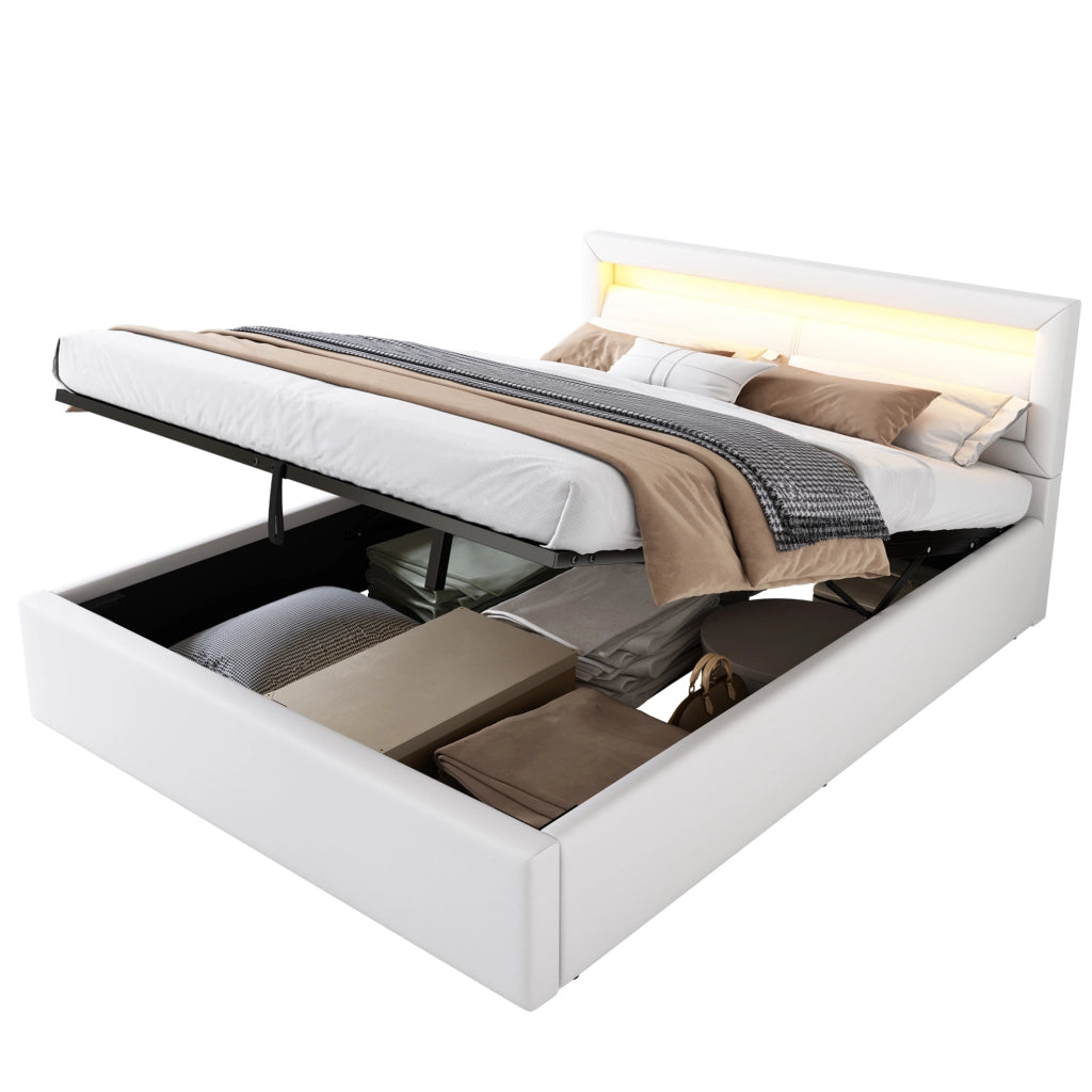 Letto imbottito con LED e contenitore 140 × 200 cm; PU bianco