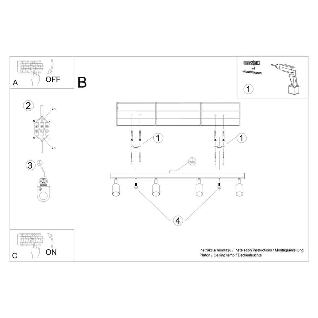 Lampada da soffitto VERDO a 4 luci in acciaio bianco e legno, moderna, regolabile