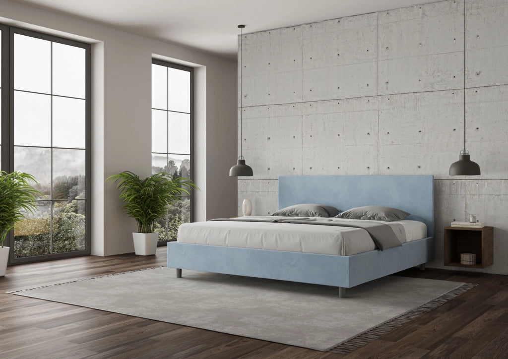 BS COM Letto con rete imbottito 180x210 microfibra azzurro