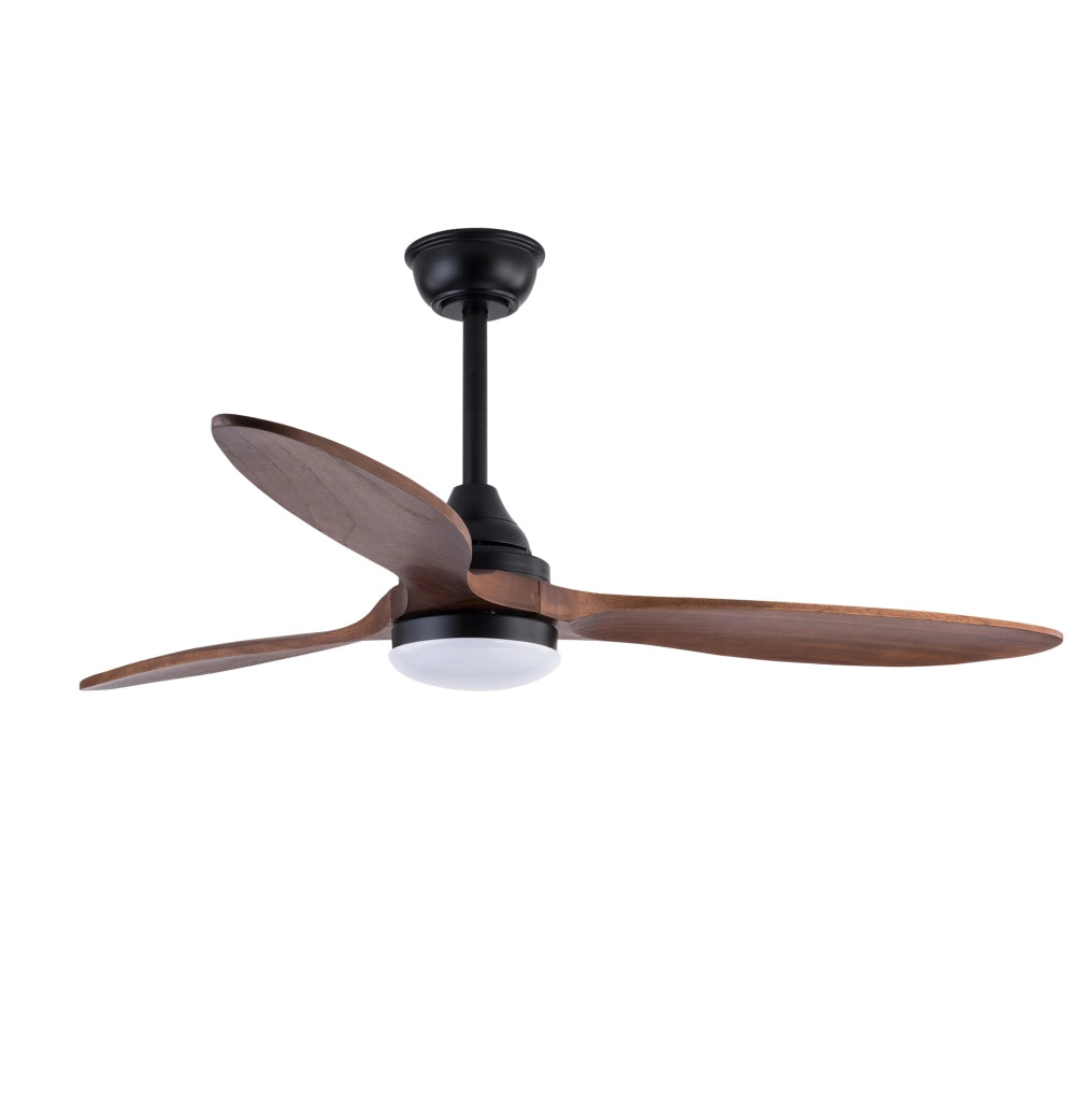 Ventilatore a soffitto da 52 pollici nero con luce LED dimmerabile, 3 pale in legno massello e motore DC silenzioso con telecomando