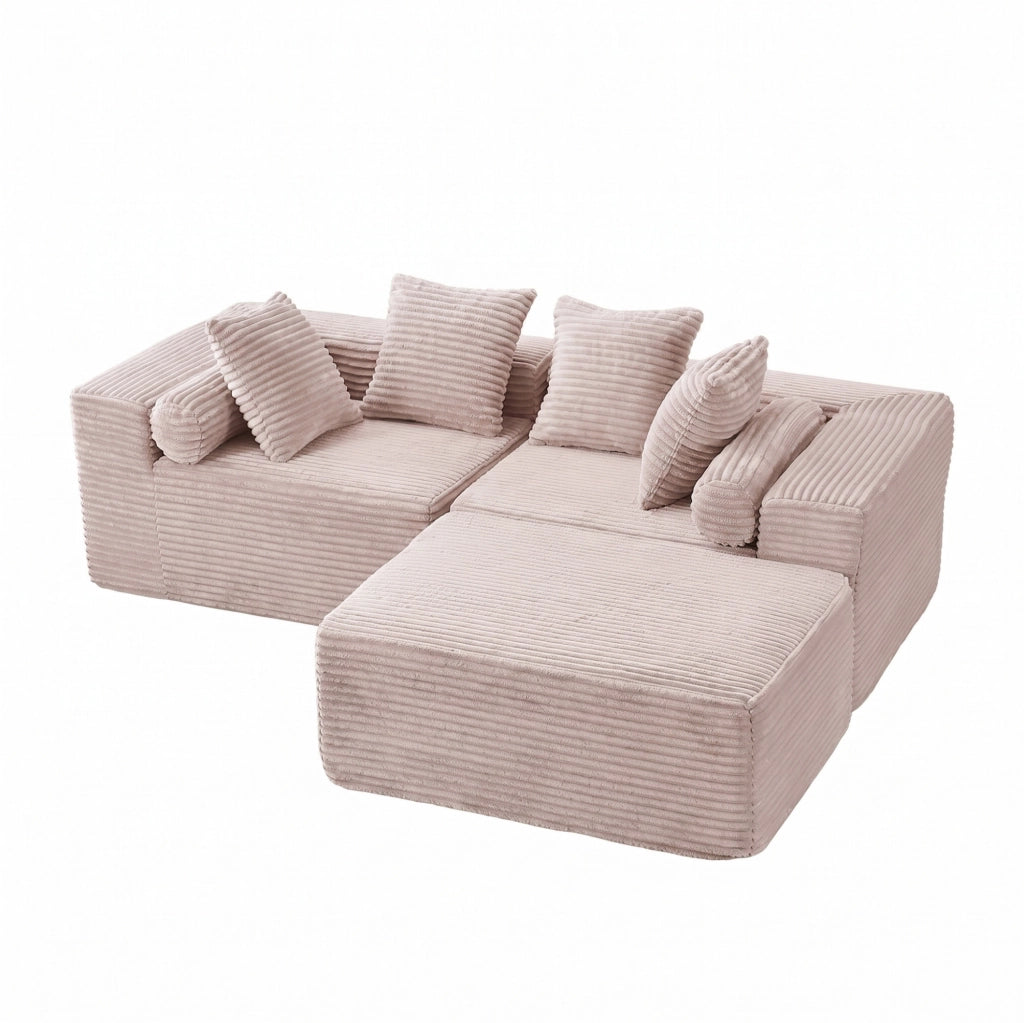 Divano componibile a L con chaise longue; 3 moduli; schiuma e molle; beige
