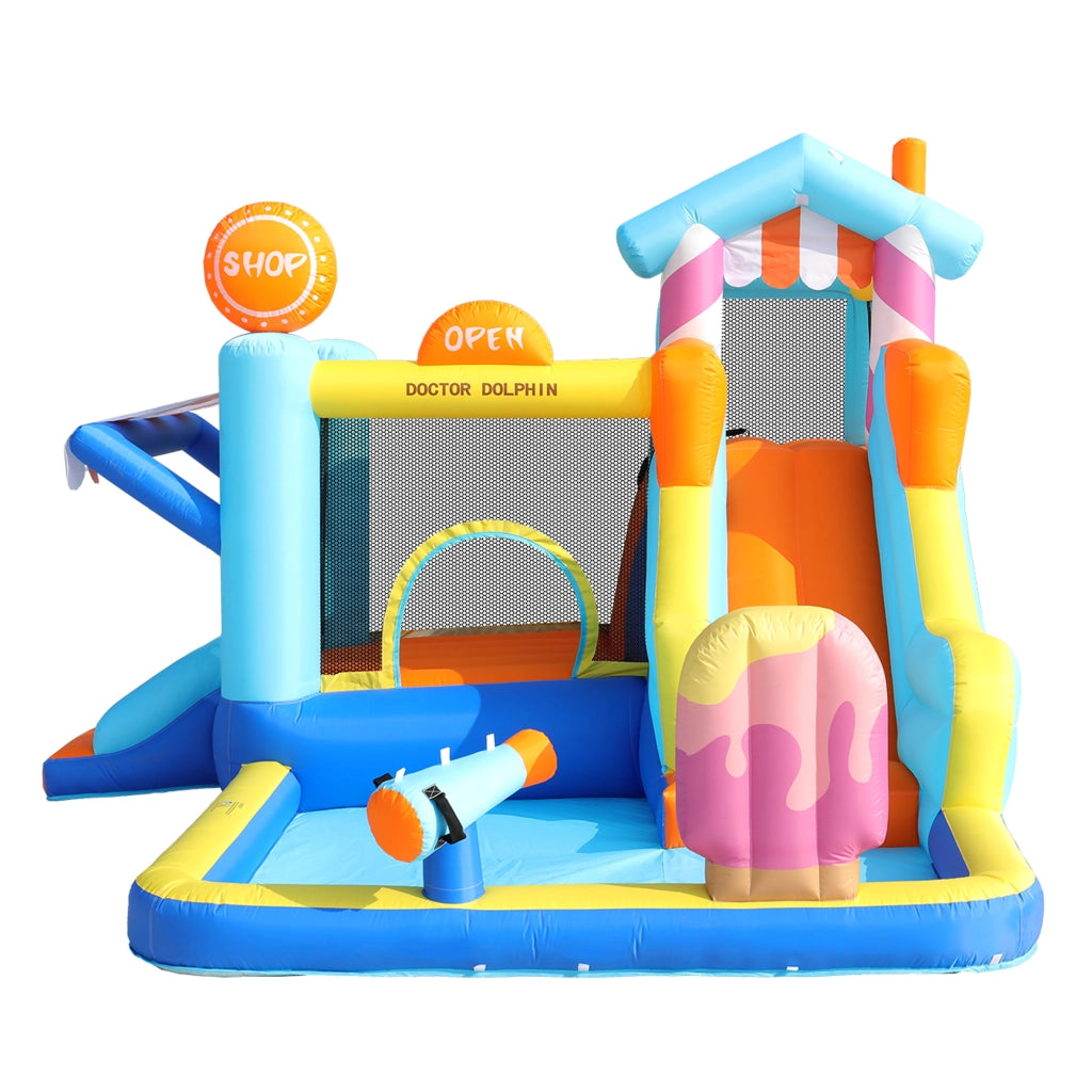 Castello Gonfiabile per Bambini con Ventilatore 450W, Parco Acquatico Multifunzione Esterno con Trampolino, Scivolo d'Acqua, Mini Scivolo, Fontana e Pistole ad Acqua