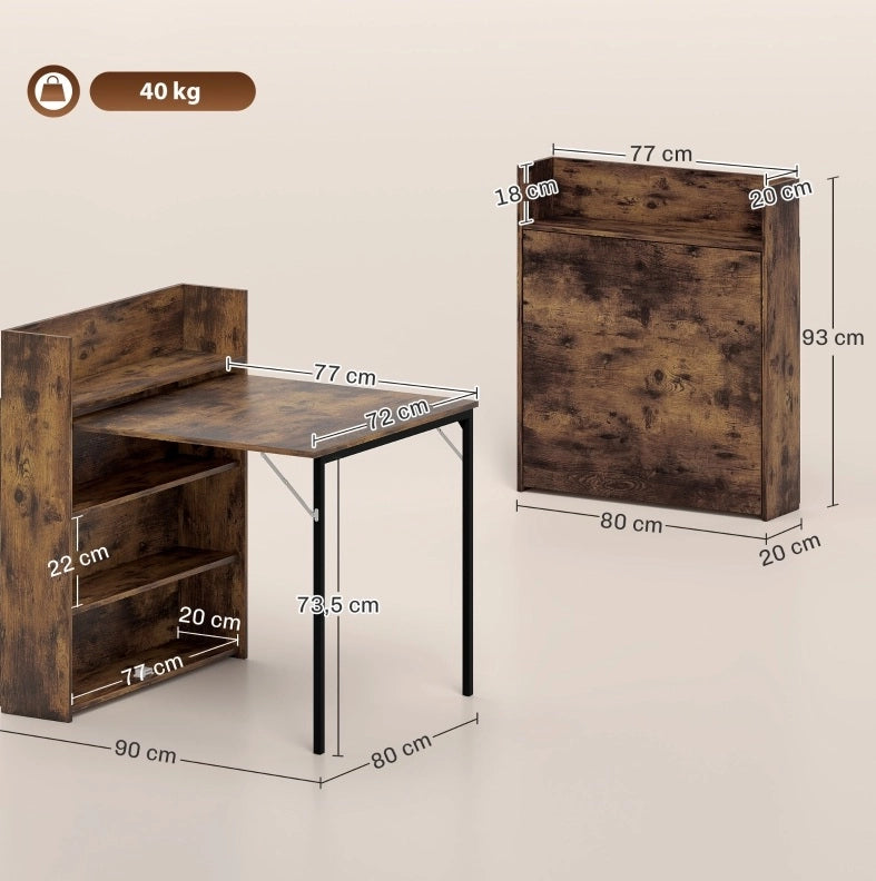 Tavolo da pranzo pieghevole 90x80x93 cm in legno marrone con ripiani