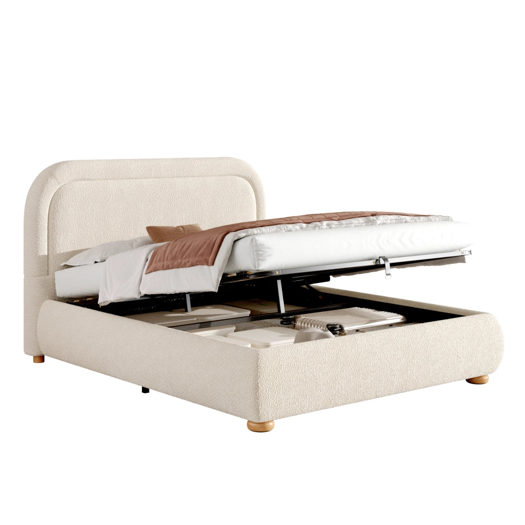 Letto con contenitore idraulico in bouclé beige