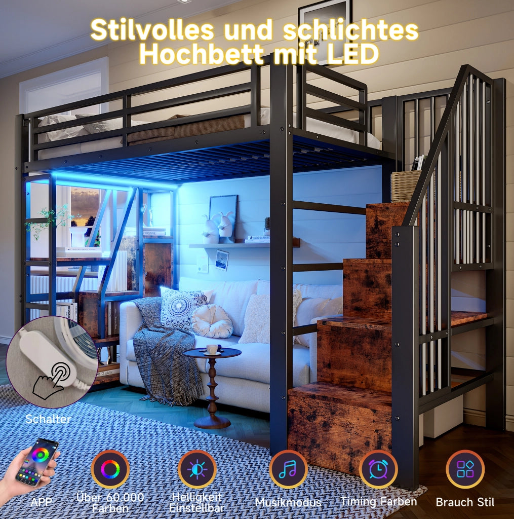 Letto a soppalco 90x200 cm con LED, scale contenitore e ripiani