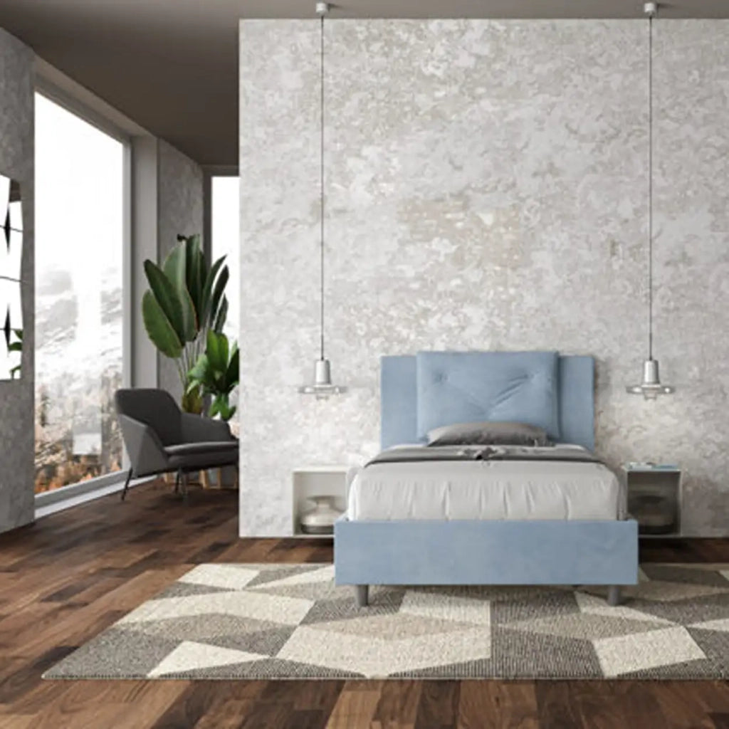 Letto una piazza e mezza contenitore imbottito 120x190 microfibra azzurro Appia