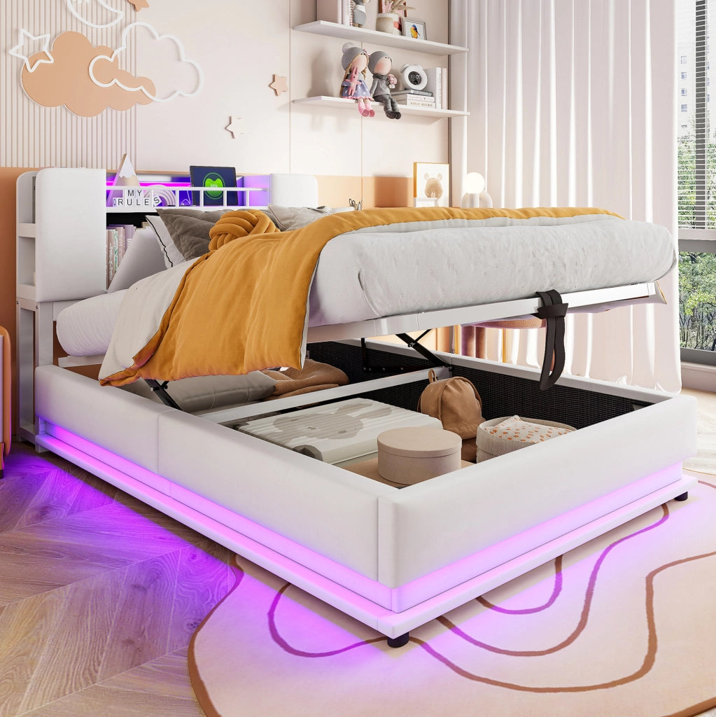 Letto imbottito per bambini 90x200 cm beige con LED, USB e vano contenitore