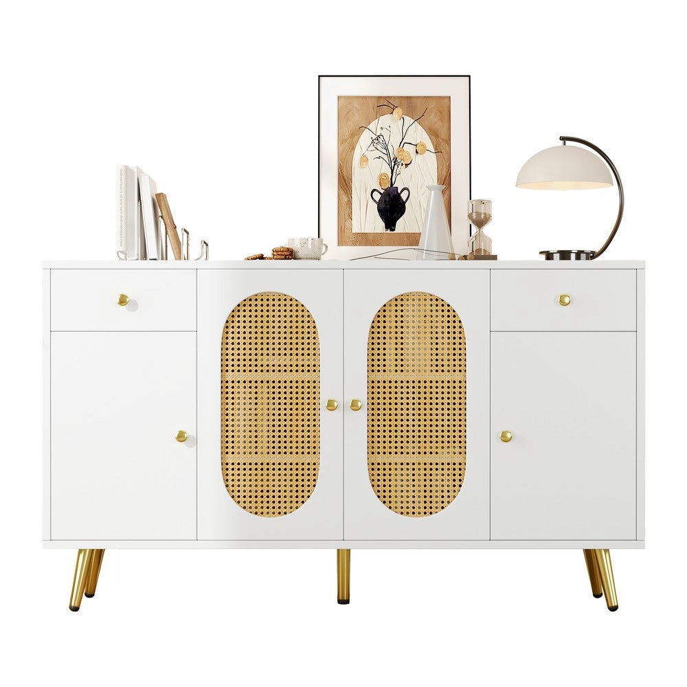 Cassettiera con 2 cassetti e 4 ante ¨C Minimal ¨C bianco legno naturale 140x35x82 cm per soggiorno cucina