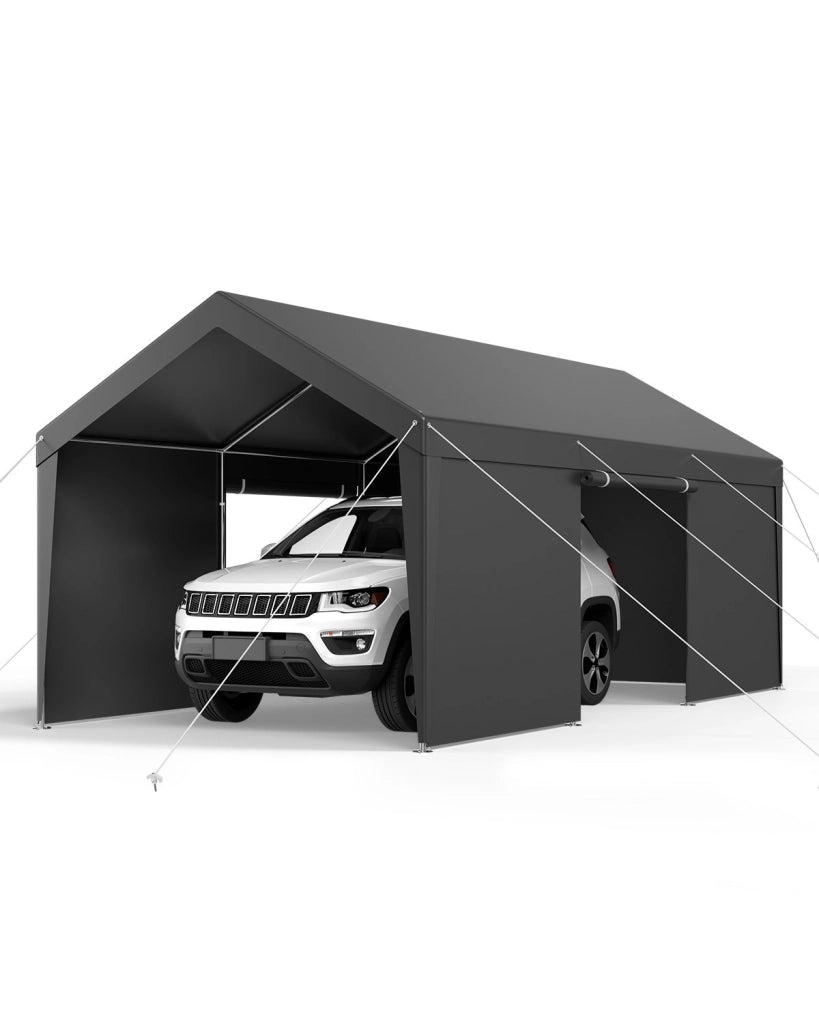 Posto Auto Coperto 3,65 x 6,09 x 3,02 m in Acciaio Zincato e PE Grigio, Tettoia Riparo per Auto e Barca con Pareti Rimovibili Robusto per Giardino