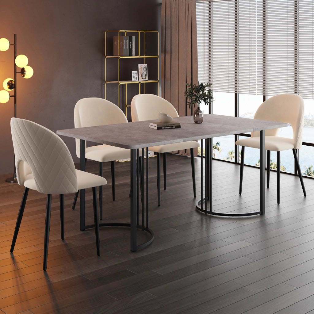 Tavolo da pranzo moderno con piano effetto marmo e gambe in metallo, per cucina e soggiorno, grigio, 140 × 80 × 75 cm