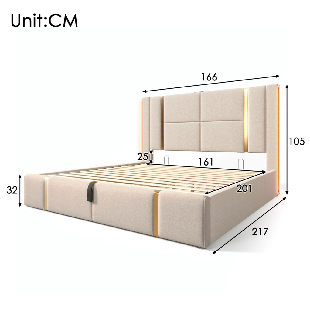 Letto imbottito matrimoniale 160x200 con LED RGB, USB e porta Type-C, contenitore sollevabile