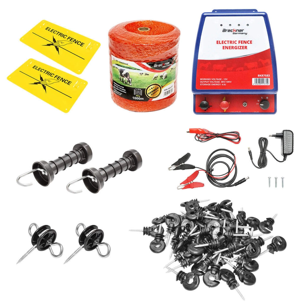 Kit completo per recinzione elettrica 12/220V, 4,8 Joule, lunghezza filo 1000m, 100 isolatori e targhe di segnalazione Breckner Germany