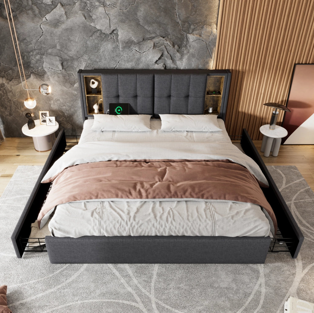 Letto matrimoniale 160x200 cm con ricarica wireless; USB C e 4 cassetti; lino grigio